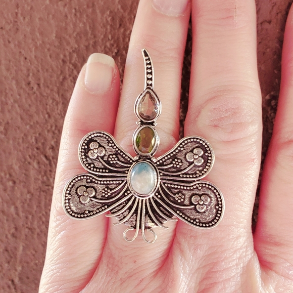 New Stunning Multi Gemstone 925 Silver Dragonfly Ring. - Picture 9 of 14